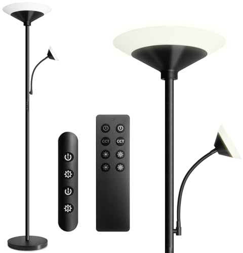 LRLTECH LED Floor Lamp for Living Room, 27W Dimmable LED Uplighter with 6W Reading Lamp, Modern Dimmable Floor Lamp with Remote Control & Touch Control for Living Room, Bedroom, Office (Black)