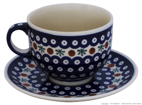 Bunzlauer keramisk mugg med underlägg (mjölkkaffekopp) 0,5 liter dekor 41