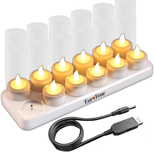EuroFone Sans Flamme Bougie LED Rechargeable Tealight Lampes de thé Avec Support 12pcs/set (Yellow)
