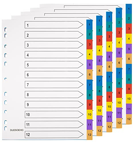 DUDSOEHO Trennblätter für Ordner A4 12-teilig - 5er-Packung Ordner-Trennblätter, farbiges Mylar für Aktenordner, poröse Mehrzweck-Indexteiler