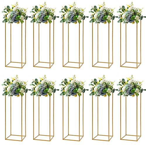 10 Pcs Gold Wedding Flower Vase, Metal Column Flower Holder, 32in/80cm Metal Geometric Centerpieces Vase for Table, Home Party Wedding Decorations Flower Stand