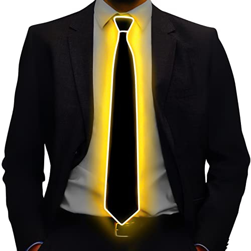 Ainiv Light Up Neckties, Man LED Luminous Tie With Power Cord, 3 Flash Modes LED Glow Tie, Adjustable Illuminated Neckties with Zipper, Costume Accessory for Parties, Bars, Halloween, School(Yellow)