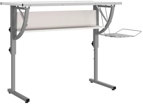 vidaXL Basteltisch, Tisch für Arbeitszimmer Heimbüro Studio, Schreibtisch mit Verstellbarer Tischplatte 1 Ablage 1 Zeitschriftenhalter, Arbeitstisch Zeichentisch, Weiß Grau Holzwerkstoff Stahl