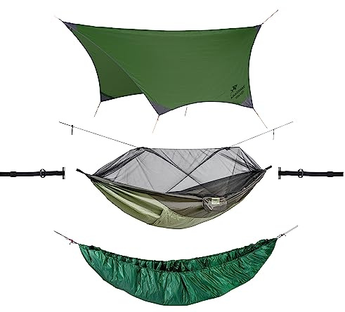 AMAZONAS Ultralight Outdoor Hammock Set XXL | Moskito Traveller Thermo, Traveller Tarp, T-Strap & Underquilt | bis 200kg, ideal für Trekker Bushcrafter Abenteurer Wildnis Camping XXL