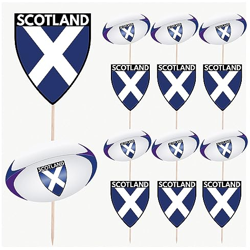 AK Giftshop Scotland Flag Rugby Ball Food & Cupcake Picks Toppers Party Decorations, World Cup, Six Nations (14 Pack)