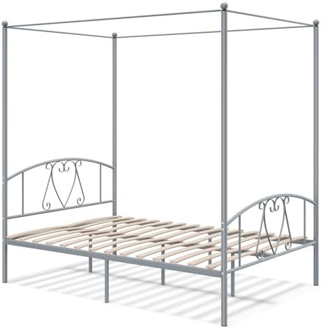 COSTWAY Double Canopy Bed Frame, Metal Platform Bed Base with Headboard, Footboard & 31cm Underbed Storage, Wooden Slat Support Mattress Foundation, No Box Spring Needed (Grey)