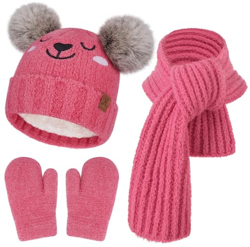 Bequemer Laden Bebes Niños Invierno Gorro Pompon Guantes Bufanda Conjunto Manoplas con Forro Polar Regalo Bebe para 0-4 Años Niña Niño
