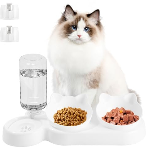 Birshe Gamelle Chaton 3-en-1 Surélevée - Bol de Nourriture Anti-Vomissements en Céramique pour Chats et Chiots - Inclinable à 15° avec Distributeur d'Eau