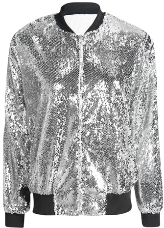 BSBAAA FASHIONS® Women’s Zip Up Sequin Glitter Bomber Jackets Ladies Outerwear Long Sleeves Metallic Shinny Club Dance Party Costume Biker Blazer Tops (Silver, M-L)