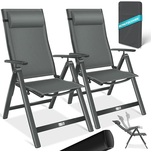 KESSER® Gartenstuhl Hochlehner mit Armlehnen 2er Set Aluminium Klappstuhl mit Kopfkissen & Abdeckung Campingstuhl 7-Fach Verstellbar Rückenlehne Atmungsaktiv Wetterfest Klappbar Anti-Rutsch, Anthrazit