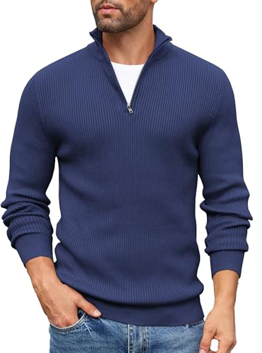 COOFANDY Pull Homme Col Roulé 1/4 Zip Pullover Tricoté Pull Camionneur Hiver Slim Fit Pulls Zippé à Manches Longues Basique Chauds Sweater Casual Business Bleu Marine XL