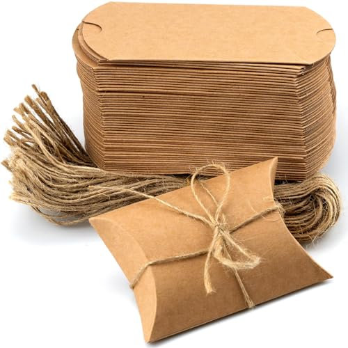 100 Stück Vintage Kissen Geschenkbox, Retro Kraftpapier Schachtel, Klein Geschenkschachtel Kraftpapier TüTen, Kraftpapier Tüten Geschenkbox, für Hochzeiten, Partys, Süßigkeiten(mit Juteschnur)