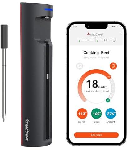 Meatmeet Pro Termómetro para Carne con WiFi e Bluetooth, Monitoraggio via App con Timer e Allarme, IP67 Impermeabilizzazione e olio, Termometro Carne Wireless per Barbecue, Forno, Griglia, Cucina