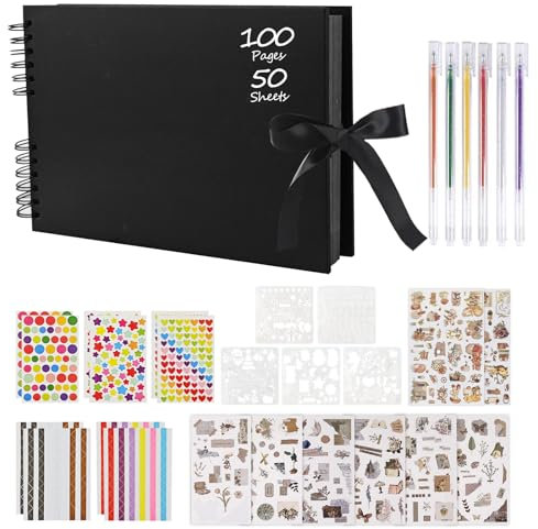 Fotoalbum zum Selbstgestalten, DIY Fotobuch 100 Schwarze Seiten, A4 Fotobuch zum Einkleben 28 x 20 cm Fotoalben, Scrapbooking Set für Baby Familie Valentinstag mit Stiften Aufkleber Fotoecken