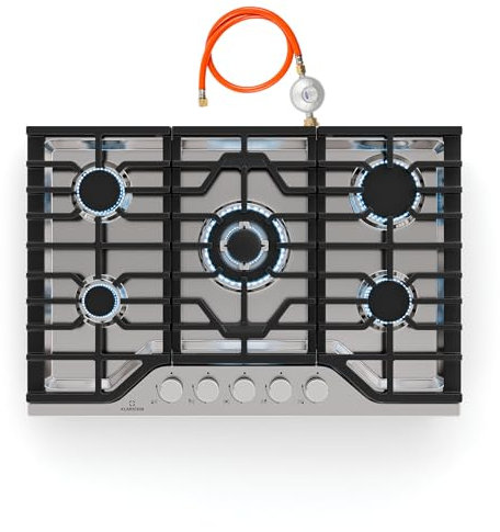 Klarstein Turbocast Plaque De Cuisson Gaz - 5 Brûleurs Inox 304, 3.4kW Wok, Allumage Électrique, Supports Fonte, Kit Conversion GPL, 750x500mm