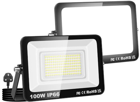 Willpower 2 st LED-strålkastare för utomhusbruk med uttag, 100 W 1 0000 LM, 6 000K kallvit, IP66 vattentät belysning säkerhetsljus för trädgård uteplats garage hem