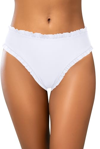SHEKINI Bikini da donna a vita alta con orlo arricciato, dettagli sexy, elegante, per spiaggia, piscina e sport acquatici, bianco, M