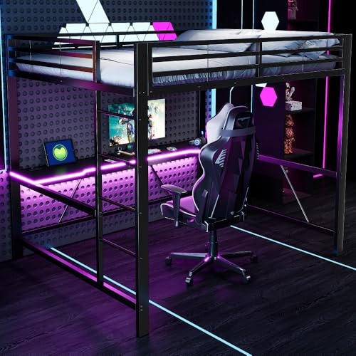 Cayipng Cama alta de 160 x 200 cm con tira LED, USB, litera para niños con escritorio, ahorra espacio, somier de metal para juegos con riel, sin colchón, apto para dormitorios y otros (negro)