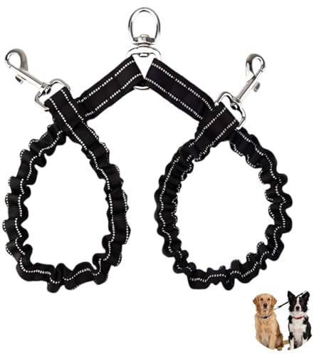 Guinzaglio doppio per 2 cani, girevole a 360°, per due regolabili, guinzaglio riflettente per 2 cani, piccolo, senza grovigli, per camminare, colore: nero