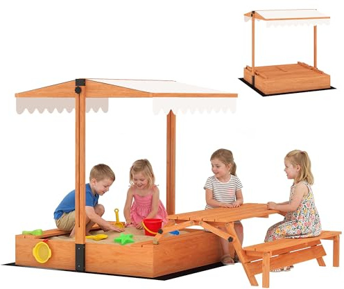 AIYAPLAY Sabbiera con tetto 184 x 110 x 120 cm, in legno con tavolo da picnic pieghevole, panchine con copertura per 6 bambini dai 3 agli 8 anni, marrone