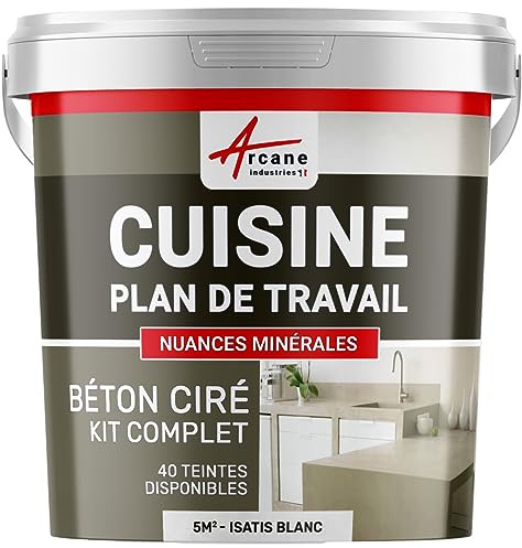 Béton ciré cuisine, plan de travail, crédence, évier, sol et mur, revêtement mural décoratif, kit complet - 5 m² (en 2 couches) Isatis Blanc - ARCANE INDUSTRIES