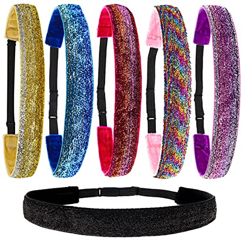 FROG SAC 6 Glitter Headbands for Girls, Adjustable Non Slip Head Bands for Kids, Cute Sparkly Stretch Elastic Hair Accessories for Gymnastics For Teen Girls, Women