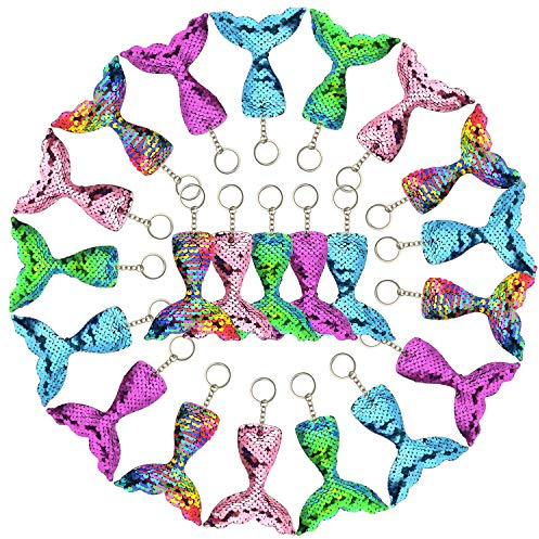 FEPITO 20 PCS Glitter Mermaid Tail Keychains for DIY Projects and Crafts, Mermaid Sequins Keychains Under The Sea Birthday Party Supplies Gifts