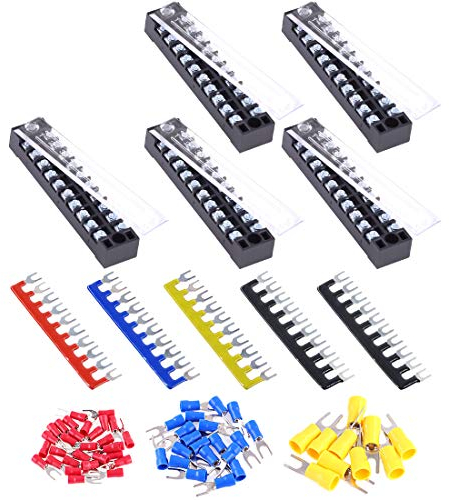Glarks 70Pcs(5Sets) Terminal Block Set, 5Pcs 10 Positions 600V 15A Dual Row Screw Terminals Strip + 5Pcs Pre-Insulated Barrier Strips + 60Pcs Insulated Fork Wire Connector (10P+Fork Connector)