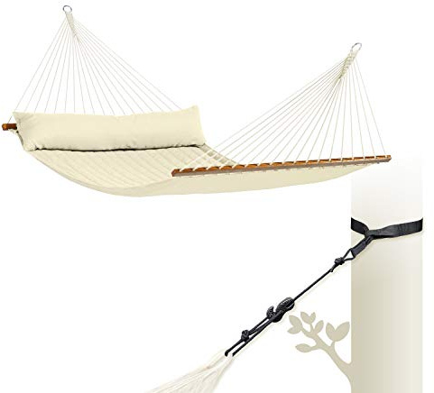 LA SIESTA - Alabama Vanilla - Gefütterte Stabhängematte Kingsize + TreeMount Black - Baum- & Pfosten-Befestigung