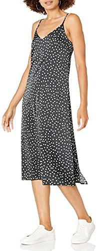 The Drop Ana Robe midi soyeuse à col V À enfiler pour Femme, Blanc avec imprimé à pois noirs, S