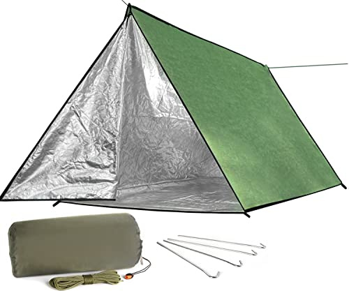 Wild Must:LYN Extra Large 3 Person Reusable Survival Emergency Shelter Tent, Reflective Waterproof Fireproof Lightweight Bugout, with ParacordâStakeâZipper for Camping,First Aid,Hiking&Bushcraft