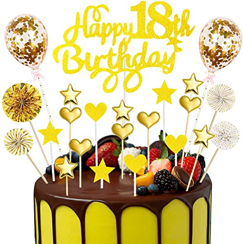 Happy Birthday Cake Topper 18th, 23pcs Gold Glitter Happy 18th Birthday Cupcake Topper Kit with Star Heart Paper Fans Confetti Balloons, 18 Years Old Party Cake Decorations for Girls Boys