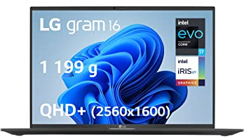 LG gram 16Z90R-G.AD75F Laptop 16 Zoll 1199g, IPS-Display QHD+ 16:10, Plattform Intel Evo i7-1360P, RAM 32 GB, SSD 512 GB NVMe, Intel Iris Xe, Thunderbolt 4, Windows 11, AZERTY-Tastatur, Schwarz