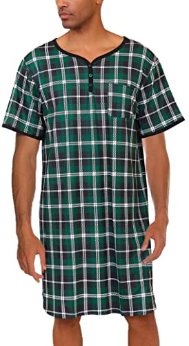 Sykooria Mens Nightshirt Short Sleeve Pajama Top Nightwear Henley Shirt Button Down Sleepwear Lightweight Cotton Soft Nightgown for Home Hospital(Green,M)