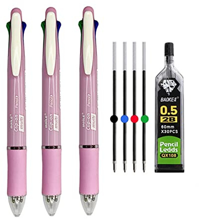 MROOFUL 5 in 1 Mittlere Spitze 1,0 mm Mehrfarbig Kugelschreiber 0,5 mm Druckbleistift 4 Farben Multifunktionsstift Multipack 3 Stück Druckkugelschreiber (Rosa)