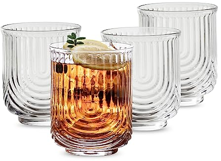 INSETLAN Vintage Art Deco Longdrinkgläser | 4er Set | Cocktail Gläser Set, Geriffelte Gläser, Eiskaffee Gläser mit Strohhalm, Wassergläser, für Cocktailgläser, Mojito, Whiskey