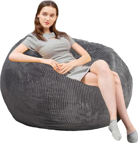 Bean Bag Chair with Faux Rabbit Fur Cover, 4 ft Giant Memory Foam Bean Bag Chairs for Adults/Teens with Filling,Ultra Soft Faux Fur Fabric, Round Fluffy Sofa
