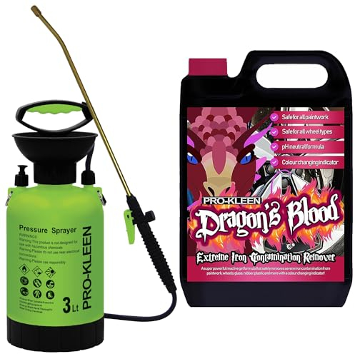 Pro-Kleen Dragon's Blood Iron Contamination Fallout Remover 5L - For all Wheels, Paintwork & Glass, Concentrated, pH Neutral, Alloy Wheel Rim Cleaner with 3L Garden Pump Sprayer