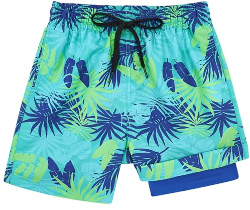 Kids4ever Bañador para niños de 10 a 12 años con patrón de Hojas Verdes Pantalones Cortos de natación con Forro de compresión antirozaduras Calzoncillos Tipo bóxer
