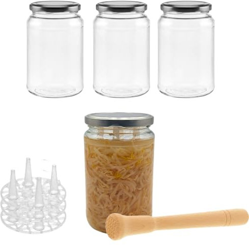 mikken Fermentieren Starter Set 4 Fermentiergläser 850 ml mit Fermentiergewicht, Stampfer und Etiketten