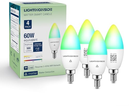 Lightinginside Matter Candelabra Smart Light Bulbs 60W Equivalent, Candle E12 LED Bulb Compatible with Alexa/Siri/Apple Home/Google Home/SmartThings, RGBCW, 2.4G WiFi, ETL Listed, Hub Required, 4PCS