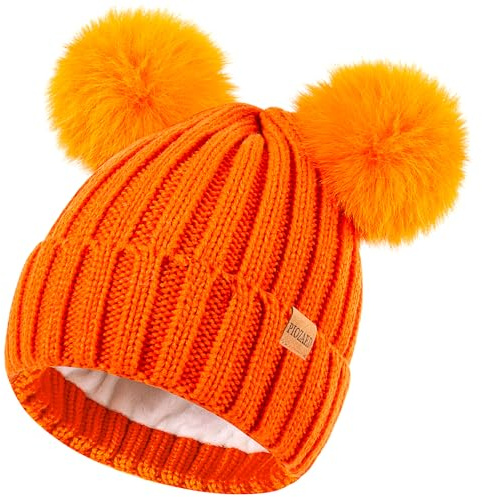 Women's Winter Warm Knit Beanie with Faux Fur Pom Skull Cap Cozy Fleece Lined Hat for Women Orange