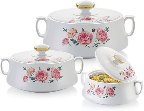 Rishabh Insulated Hot pot Casserole Hot & Cool Food Serving Dish with Lid, Double Wall. Stainless Steel Inside Set of 3 (Size 800,1200 &1700 ml) (White)