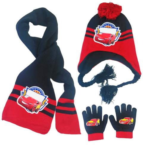 RFJYGWQM Kids Winter Warm Car Knit Crochet Thick Fluffy Toddler Scarf Pom Bobble Hat and Gloves Set, Red and Black, Unisex Baby, APPAREL, S, Cotton, Cool, Hand Wash Only