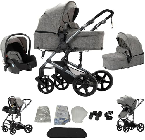 Veitoalioy Carrito Bebe 3 en 1, Portátil Cochecito Plegable, Carrito de Paisaje Alto Se puede empujar hacia adelante y hacia atrás, Cochecito de Bebé Conveniente y Multifuncional (588 Grey)