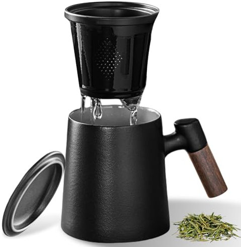 Teetasse Mit Deckel Und Sieb,400ml Holzgriff Teebecher,Teetasse Mit Sieb,Tasse Mit Deckel,Tee Tasse,Teetasse Mit Deckel für Geschenk,Zuhause,Einweichentee