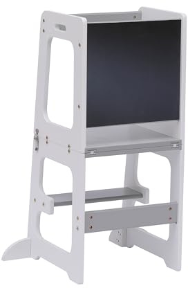FurnitureHMD Wooden Toddler Standing Tower with Chalkboard,Learning Tower, Nursery Step Stool Kitchen Helper