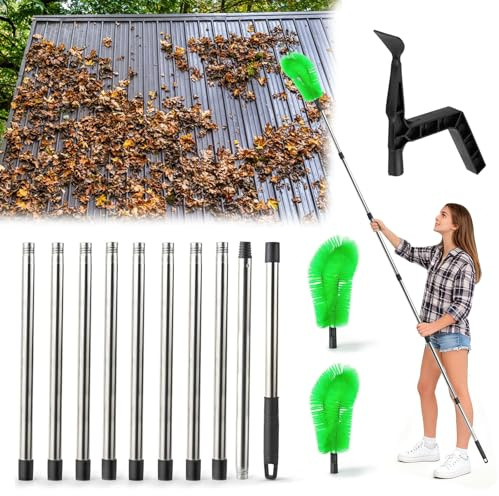 Nettoyeur de gouttières 390 cm, brosse et cuillère de nettoyage 2 en 1, nettoyeur de gouttières avec manche télescopique, nettoyeur de gouttières pour le nettoyage des feuilles, de la saleté, des