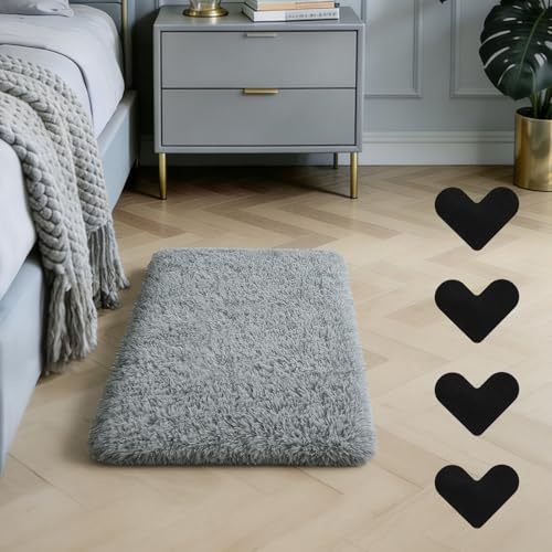 AUAUY Rugs Living Room, 60 x 90 cm Bedside Rugs for Bedroom, Grey | Fluffy Shaggy Non Shedding Washable Carpets with 4 Fixing Stickers, Non Slip Super Soft Carpet for Lounge Bedroom Hallways