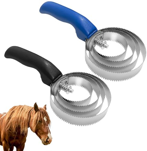 Minfuerang 2 Stück Federstriegel Pferd 4 Ringe,Metallstriegel Pferd,Doppelseitiger Pferdebürste,Federstriegel zum Abziehen,Fellwechsel,Reinigung (Blau*Schwarz)